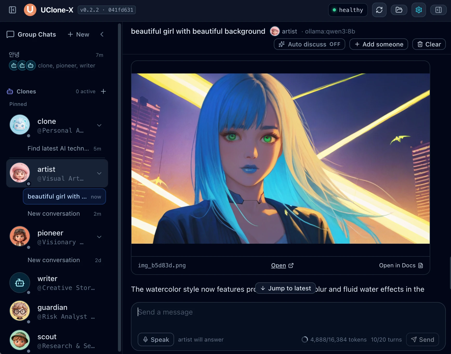 UClone-X dashboard: the artist clone showing an image it generated locally