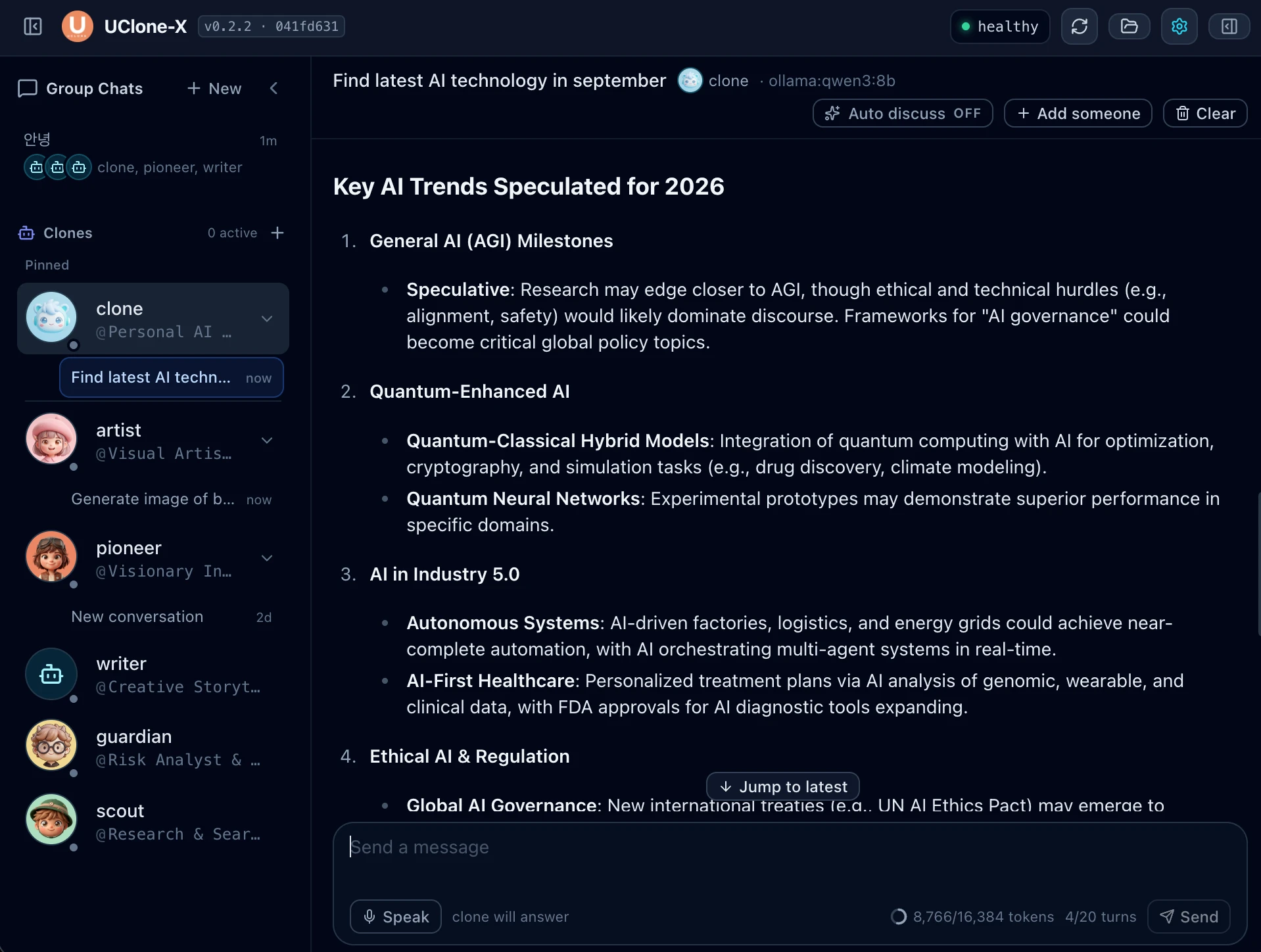UClone-X dashboard: the clone answering a research question with a structured list, on a local model